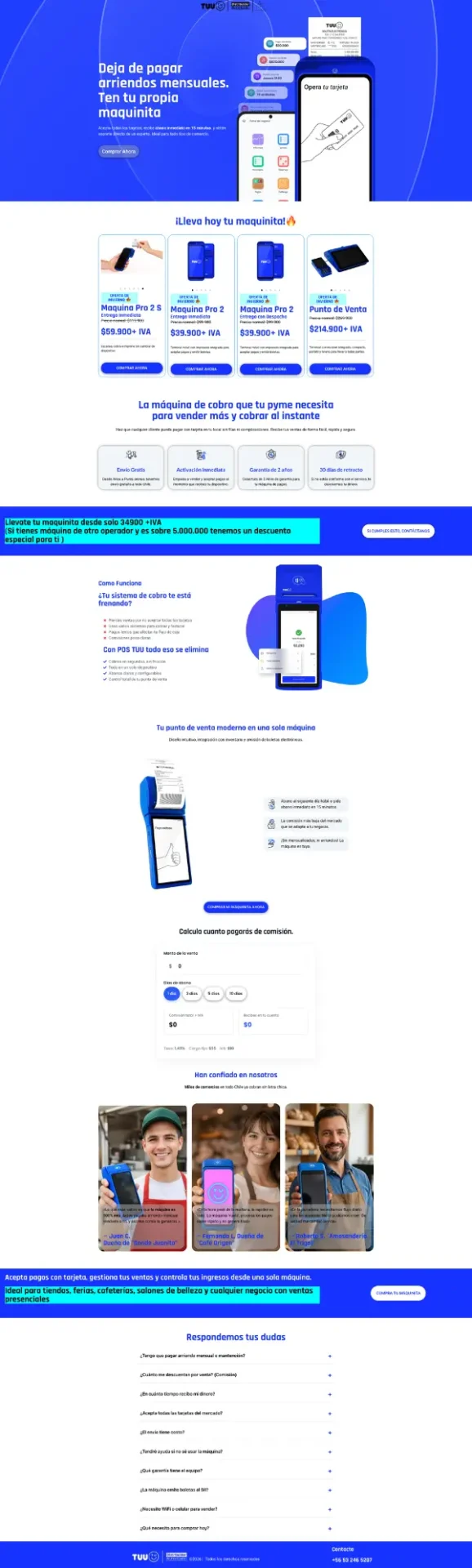 Captura de pantalla de la landing page de Tuu Along diseñada por Blueshot, mostrando el sitio web de venta de máquinas POS de pago y puntos de venta para PYMEs en Chile.