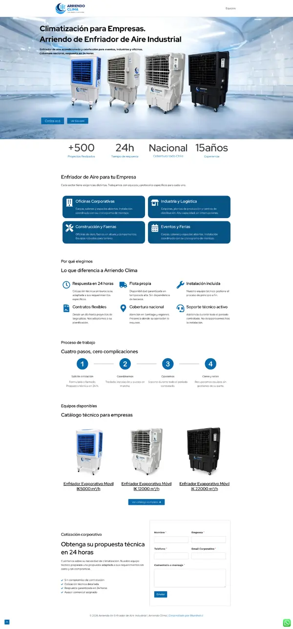 Captura de pantalla de la página web de Arriendo Clima desarrollada por Blueshot, mostrando el sitio corporativo para arriendo de enfriadores de aire industriales y climatización para empresas en Chile.