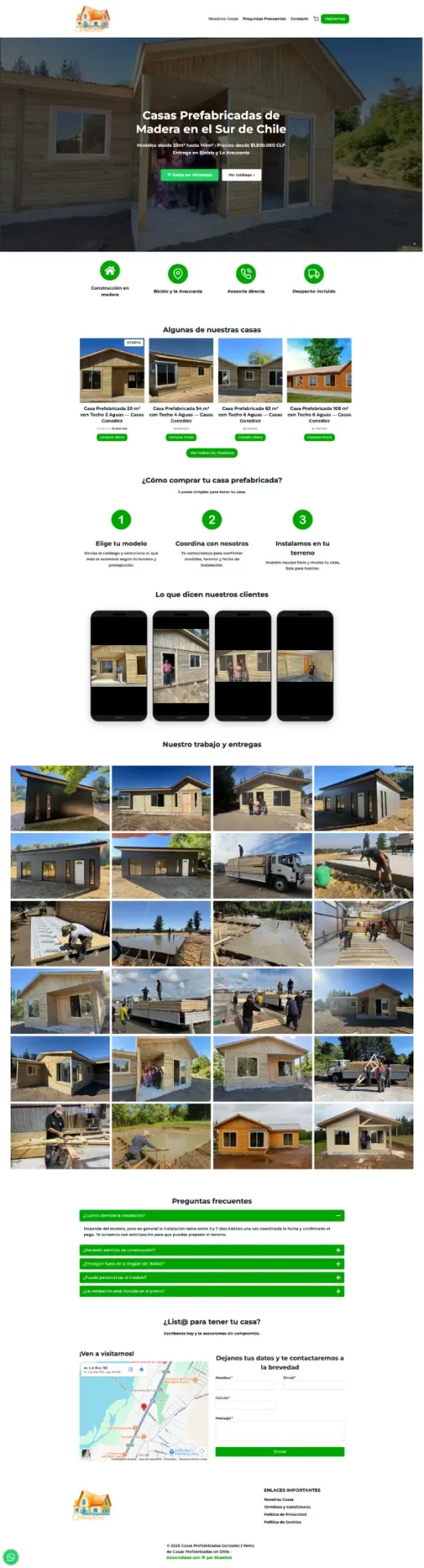 Captura de pantalla del sitio web de Casas González diseñado por Blueshot, mostrando el desarrollo de una página de ventas de casas prefabricadas de madera en el sur de Chile.