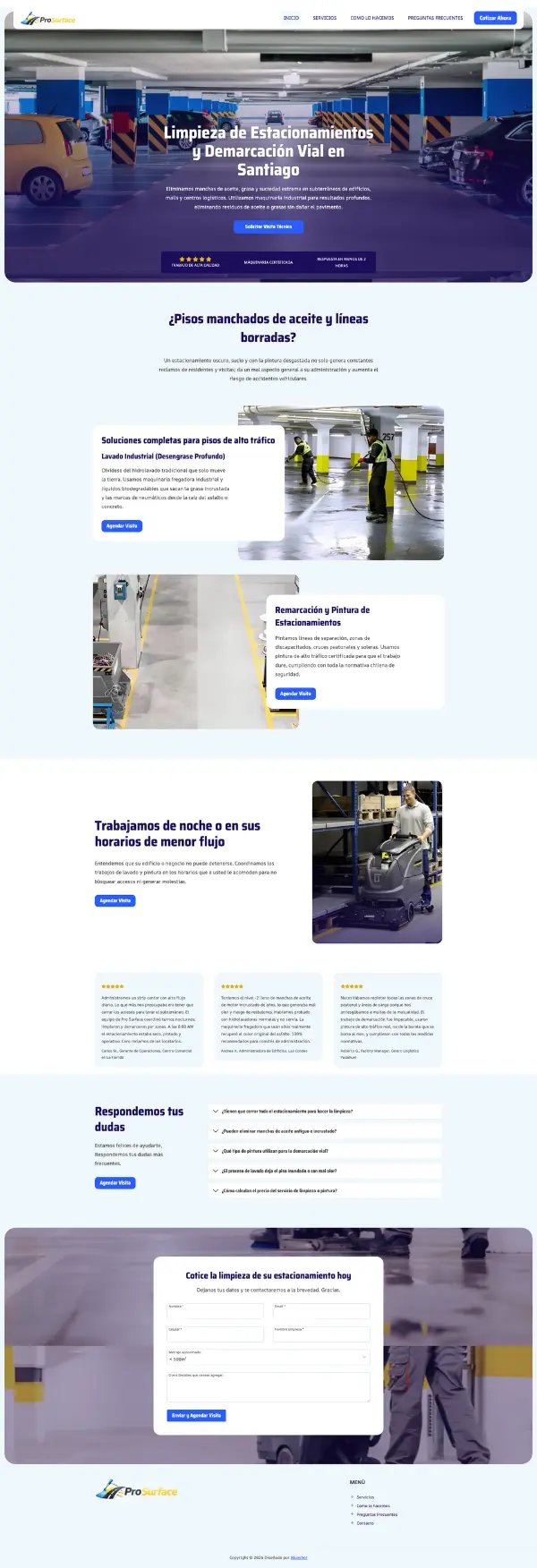 Captura de pantalla de la página web de Prosurface diseñada por Blueshot, mostrando el sitio corporativo para servicios de limpieza de estacionamientos, lavado industrial y demarcación vial en Santiago de Chile.