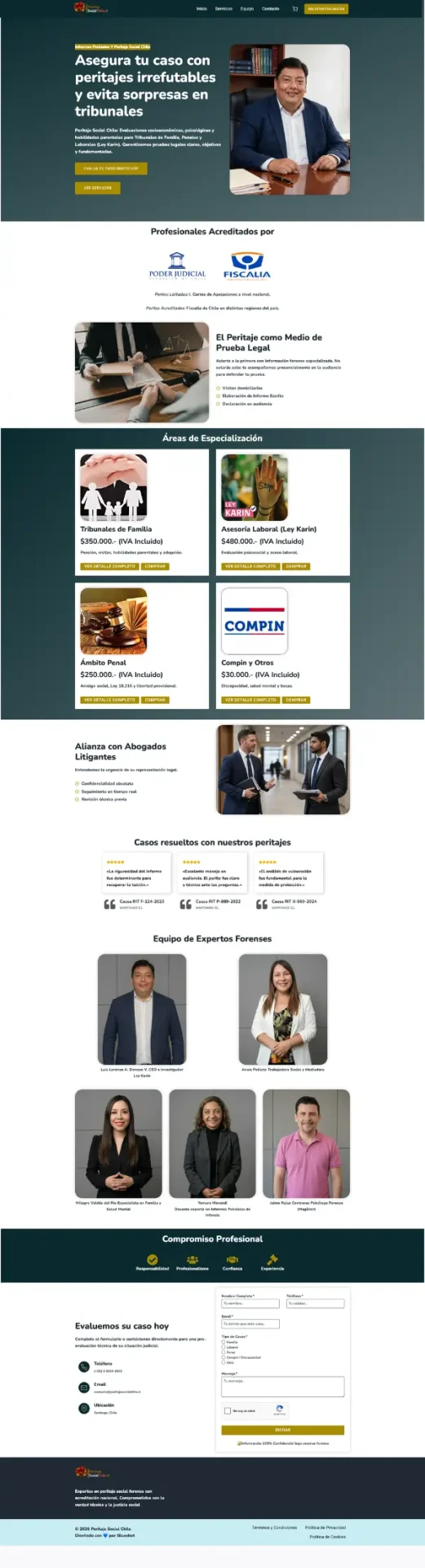 Captura de pantalla del sitio web de Peritaje Social Chile diseñado por Blueshot, mostrando la plataforma corporativa de peritajes sociales y psicológicos forenses para tribunales de familia, penal y ámbito laboral.