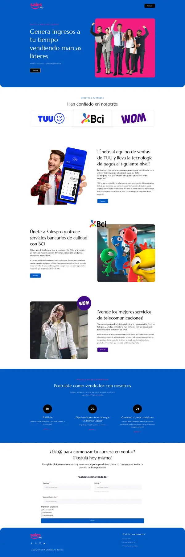 Captura de pantalla del sitio web de Salespro diseñado por Blueshot, mostrando el desarrollo de una plataforma corporativa para la captación y postulación de vendedores de servicios de transacciones, bancarios y telecomunicaciones en Chile.