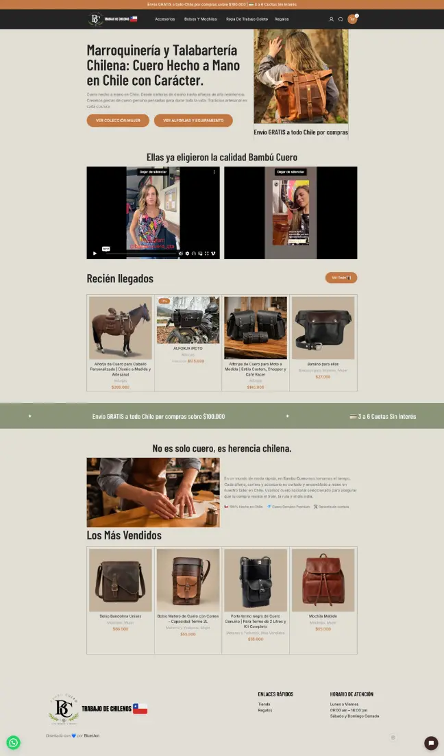 Captura de pantalla de la tienda online Bambú Cuero diseñada por Blueshot, mostrando el e-commerce de marroquinería y talabartería chilena con productos de cuero hechos a mano.