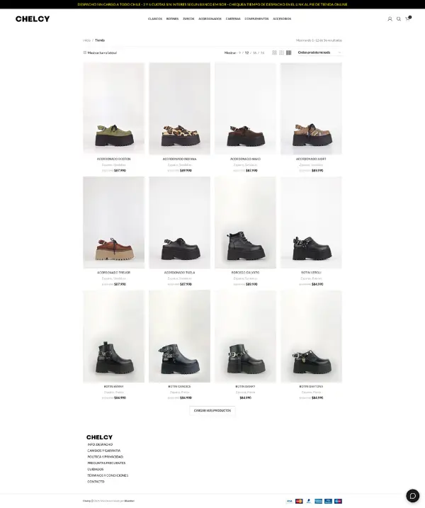 Captura de pantalla de la tienda online de Chelcy diseñada por Blueshot, mostrando la interfaz del e-commerce de calzado femenino con catálogo de plataformas, zuecos, acordonados y botines.