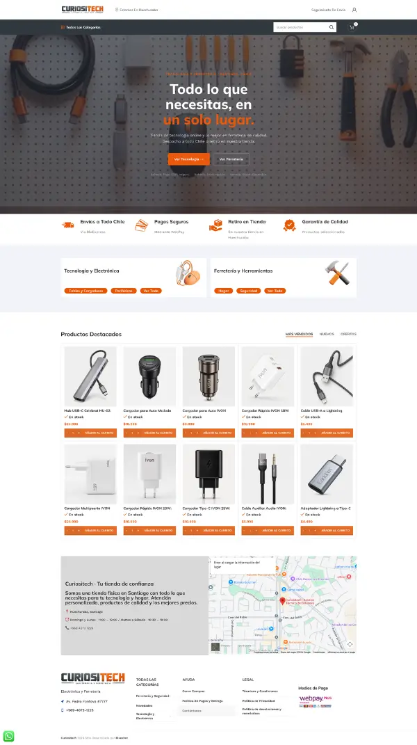 Captura de pantalla de la tienda online de Curiositech desarrollada por Blueshot, mostrando el e-commerce de productos de tecnología, electrónica, cargadores, cables y herramientas de ferretería en Santiago de Chile.