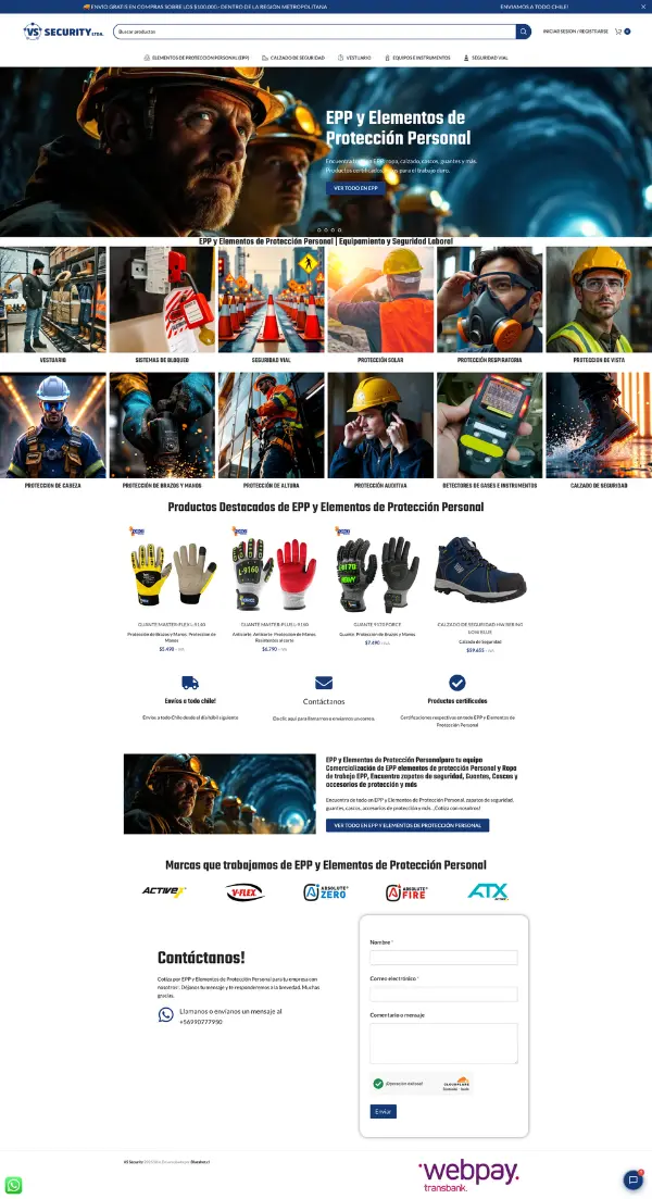 Captura de pantalla de la página web de VS Security desarrollada por Blueshot, mostrando la tienda online de elementos de protección personal (EPP), categorías de productos e indumentaria de seguridad laboral en Chile.