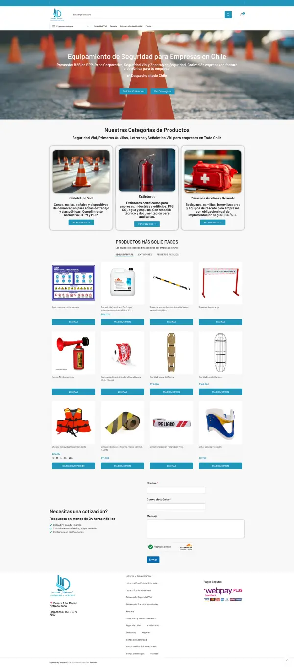 Captura de pantalla de la página web de Ingeniería y Soporte Chile desarrollada por Blueshot, mostrando la tienda online e-commerce de equipamiento de seguridad vial, extintores y primeros auxilios para empresas en Chile.