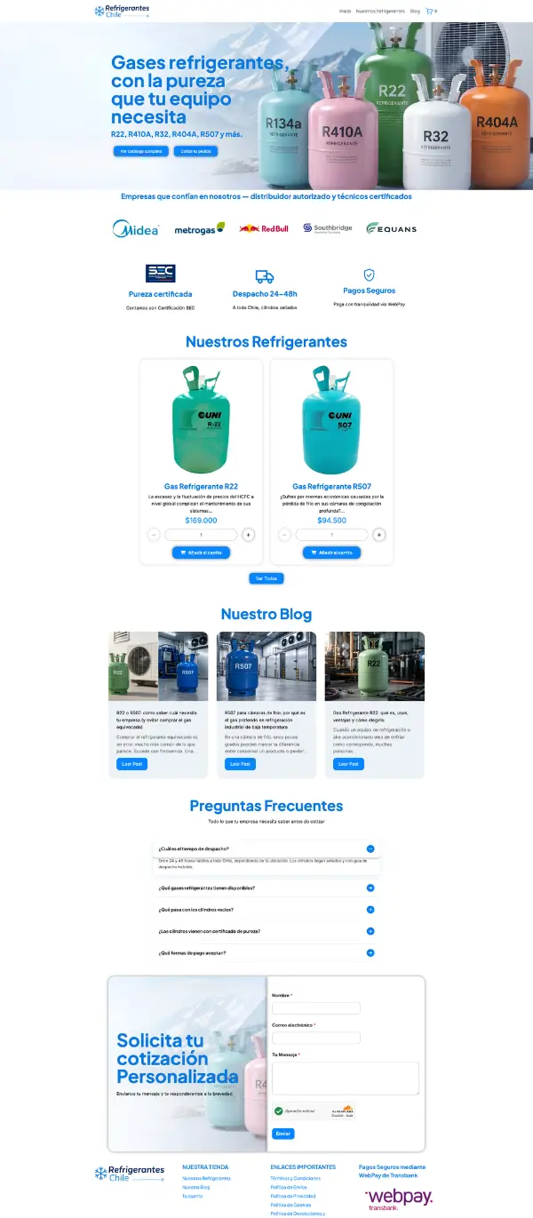 Captura de pantalla de la página web de Refrigerante Chile desarrollada por Blueshot, mostrando la tienda online de distribución B2B de gases refrigerantes R22, R410A, R32, R404A y R507 para sistemas de climatización y refrigeración industrial.