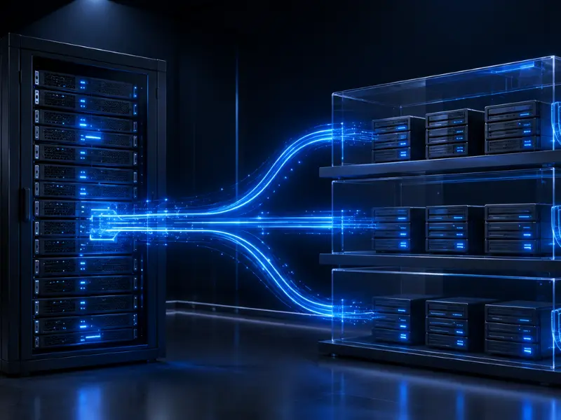 Ilustración de un servidor principal transfiriendo datos a través de haces de luz azul hacia un sistema de almacenamiento de respaldos automatizados.