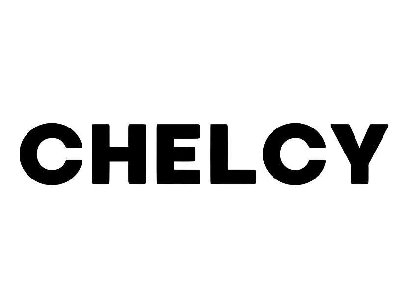 Logotipo oficial de Chelcy en tipografía bloque de color negro y estilo minimalista sans-serif, para el carrusel de clientes de Blueshot.