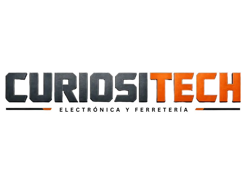 Logotipo oficial de Curiositech con letras en bloque de estilo industrial gris oscuro y anaranjado sobre fondo transparente, incluyendo el eslogan Electrónica y Ferretería.
