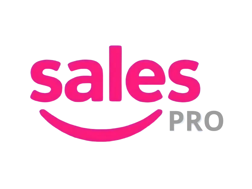 Logotipo oficial de SalesPro en tipografía cursiva fluida de color rosado brillante con una flecha ascendente integrada, al lado de la palabra Pro en letras sans-serif gris, para el carrusel de clientes de Blueshot.