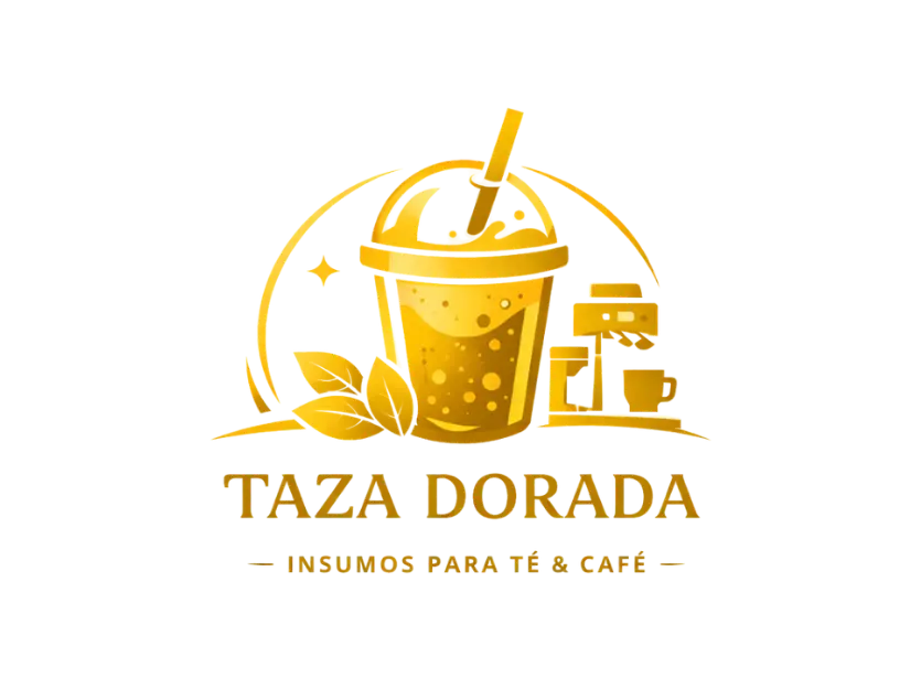 Logotipo oficial de Taza Dorada con ilustración de un vaso de Bubble Tea con bombilla, hojas de té y cafetera en color oro, para el carrusel de clientes de Blueshot.