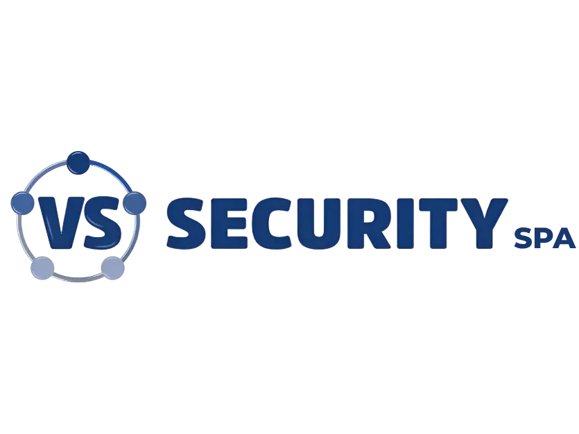 Logotipo oficial de VS Security SpA con isotipo circular de nodos interconectados en tonos azules y tipografía sans-serif gruesa, para el carrusel de clientes de Blueshot.