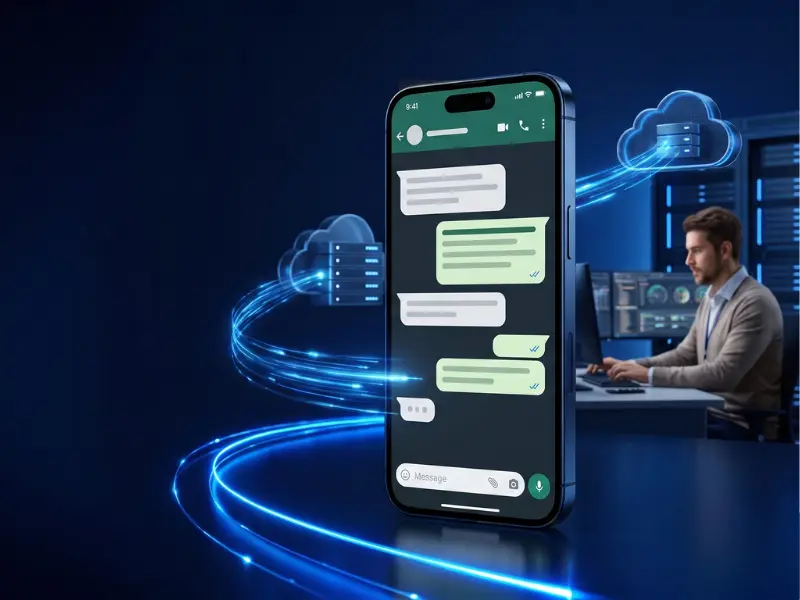 Smartphone mostrando una interfaz de chat de WhatsApp conectada mediante estelas de luz cibernética a servidores en la nube y a un especialista en soporte técnico operando desde una oficina.
