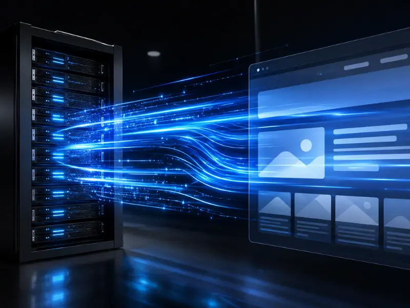 Ilustración 3D de un servidor de datos conectándose mediante destellos de luz azul a la interfaz digital transparente de un sitio web.